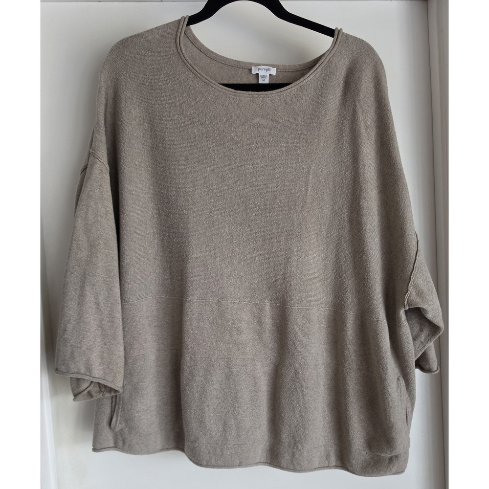 PureJill Womens M Pullover Sweater Beige Solid Cotton Cashmere 3/4 Sleeve Top